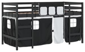 Dziecięce łóżko na antresoli, czarno-białe zasłonki, 90x200 cm