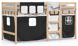 Dziecięce łóżko na antresoli, biało-czarne zasłonki, 90x190 cm