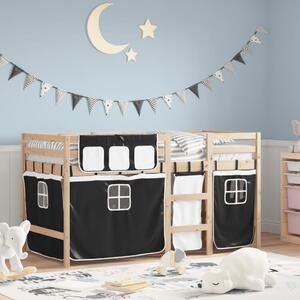 Dziecięce łóżko na antresoli, biało-czarne zasłonki, 90x190 cm