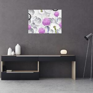 Obraz abstrakcji 3D z kołami i kwiatami (70x50 cm)