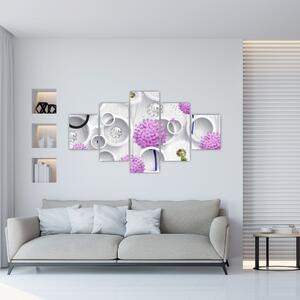Obraz abstrakcji 3D z kołami i kwiatami (125x70 cm)