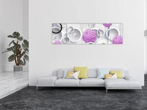 Obraz abstrakcji 3D z kołami i kwiatami (170x50 cm)