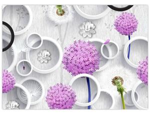 Obraz abstrakcji 3D z kołami i kwiatami (70x50 cm)