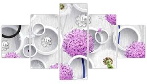 Obraz abstrakcji 3D z kołami i kwiatami (125x70 cm)