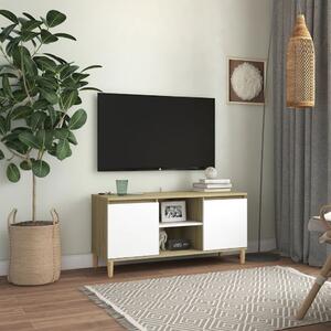 Szafka TV, drewniane nóżki, biel i dąb sonoma, 103,5x35x50 cm