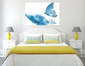 Obraz piórko z motylem w kolorze niebieskim