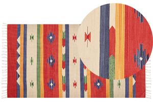 Dywan bawełniany kilim geometryczny wzór ręcznie robiony z frędzlami 80 x 150 cm wielokolorowy Alapars Beliani