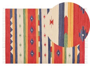 Dywan bawełniany kilim geometryczny wzór ręcznie robiony z frędzlami 140 x 200 cm wielokolorowy Alapars Beliani
