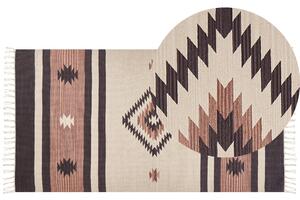 Dywan bawełniany kilim geometryczny wzór ręcznie robiony z frędzlami 80 x 150 cm beżowo-brązowy Aragats Beliani