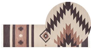 Dywan bawełniany kilim geometryczny wzór ręcznie robiony chodnik z frędzlami 80 x 300 cm beżowo-brązowy Aragats Beliani