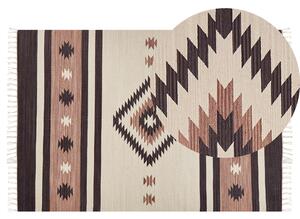 Dywan bawełniany kilim geometryczny wzór ręcznie robiony z frędzlami 140 x 200 cm beżowo-brązowy Aragats Beliani