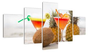 Obraz ananasów i szklanek na plaży (125x70 cm)