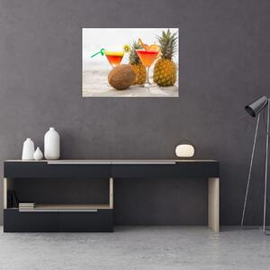 Obraz ananasów i szklanek na plaży (70x50 cm)