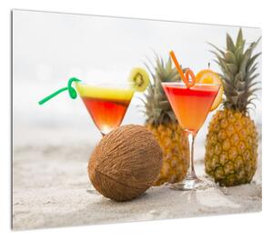 Obraz ananasów i szklanek na plaży (70x50 cm)