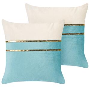 Zestaw 2 poduszek welurowych ze złotymi akcentami 45 x 45 cm niebieski z beżowym Allium Beliani
