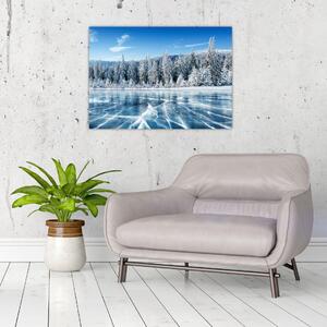 Obraz zamarzniętego jeziora i pokrytych śniegiem drzew (70x50 cm)