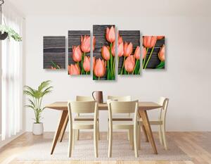 5-częściowy obraz urocze pomarańczowe tulipany na drewnianym tle