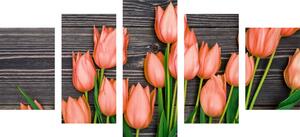 5-częściowy obraz urocze pomarańczowe tulipany na drewnianym tle