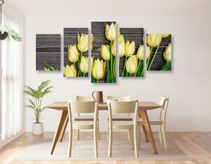 5-częściowy obraz urocze żółte tulipany na drewnianym tle
