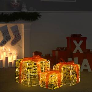 Dekoracja świąteczna: 3 akrylowe prezenty, LED, ciepła biel