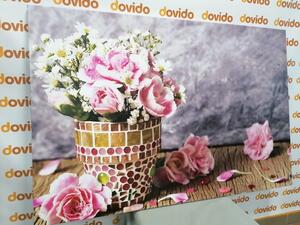 Obraz kwiaty goździka w doniczce mozaikowej