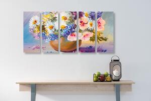 5-częściowy obraz olejny przedstawiający letnie kwiaty
