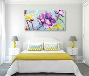 Obraz żółtych i fioletowych kwiatów