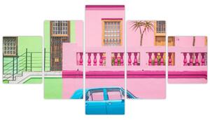 Obraz samochodu - kolorowe domy (125x70 cm)