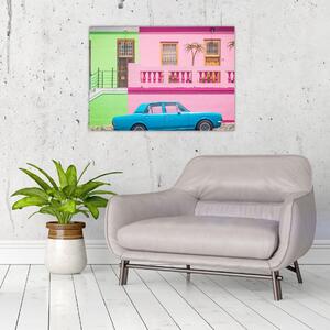 Obraz samochodu - kolorowe domy (70x50 cm)