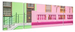 Obraz samochodu - kolorowe domy (170x50 cm)