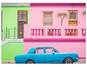 Obraz samochodu - kolorowe domy (70x50 cm)