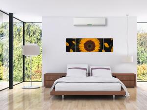 Obraz - Słonecznik i płatki kwiatów (170x50 cm)