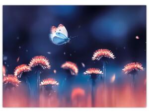 Obraz na szkle dmuchawca z niebieskim motylem (70x50 cm)