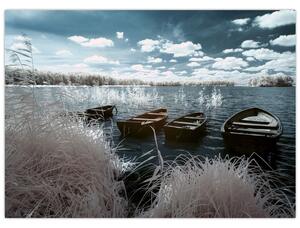 Obraz - Drewniane łodzie na jeziorze (70x50 cm)