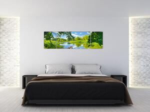 Obraz letniej rzeki z łodzią (170x50 cm)