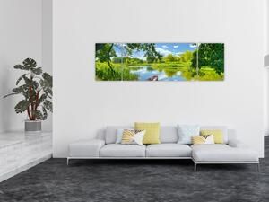 Obraz letniej rzeki z łodzią (170x50 cm)