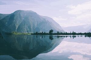 Obraz malowana sceneria górskiego jeziora