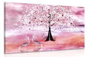 Obraz czaple pod magicznym drzewem w kolorze różowym