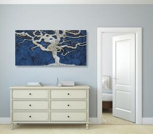 Obraz abstrakcyjnego drzewa na drewnie z niebieskim kontrastem