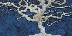 Obraz abstrakcyjnego drzewa na drewnie z niebieskim kontrastem