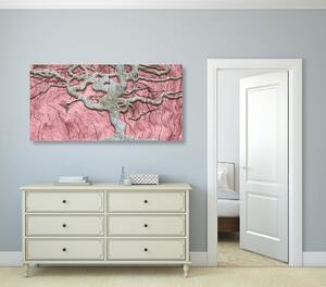 Obraz abstrakcyjnego drzewa na drewnie z różowym kontrastem