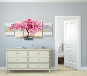 5-częściowy obraz orientalna czereśnia w różowym kolorze