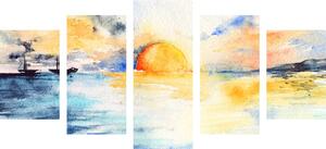 5-częściowy obraz promienny zachód słońca nad morzem