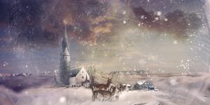 Obraz jelenia z łaniami w zaśnieżonej wiosce