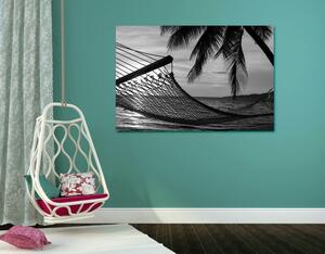 Obraz hamak na plaży w wersji czarno-białej