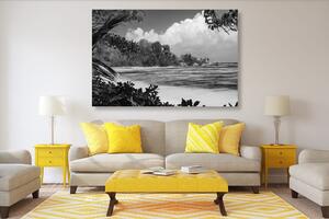 Obraz piękna plaża na wyspie La Digue w wersji czarno-białej