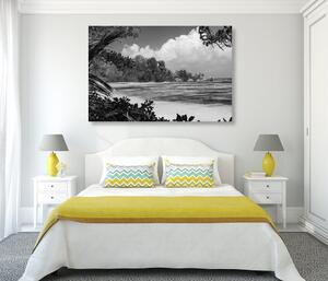 Obraz piękna plaża na wyspie La Digue w wersji czarno-białej