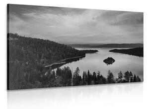 Obraz jezioro o zachodzie słońca w wersji czarno-białej