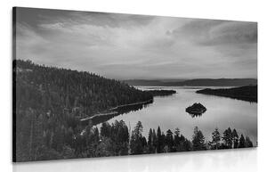 Obraz jezioro o zachodzie słońca w wersji czarno-białej