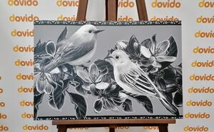 Obraz czarno-białe ptaki i kwiaty w stylu vintage